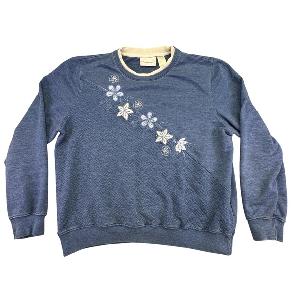 Alfred Dunner Sweatshirt Women's Large Blue Textured Floral Embroidered Crewneck - Picture 2 of 7